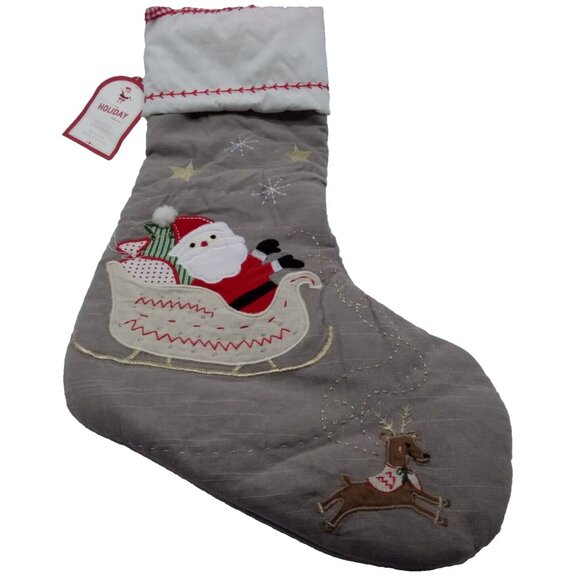 Pottery Barn Kids Christmas Stocking Santa & Sleigh Holiday Quilted Xmas Grey - Picture 11 of 11